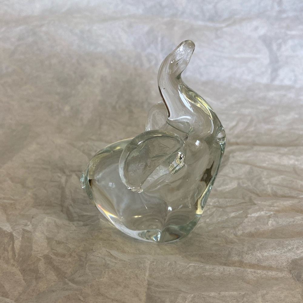 Vintage Clear Blown Glass Elephant Paperweight Lucky Trunk Up Figurine - Small